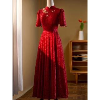 【女神婚紗禮服】高階紅色中式斜襟旗袍宴會晚禮服 4530(新娘服 訂婚禮服)