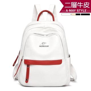 【艾美時尚】女包 真皮包 雙肩包 清新感拼色真皮後揹包(3色.現貨+預購)