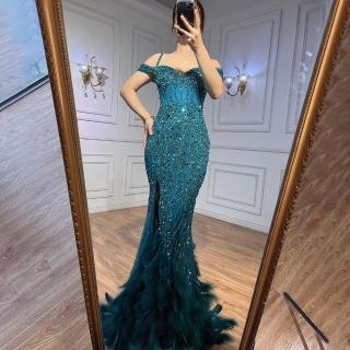 【女神婚紗禮服】高階新款羽毛輕奢開叉魚尾宴會晚禮服LA71650A 綠色(晚宴服 年會主持人)