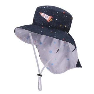 【Brille Brille】魟魚系列 頸部防護 兒童防曬帽 加長型(太空漫遊)