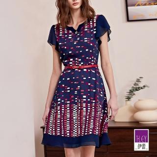 【ILEY 伊蕾】V領幾何印花雪紡洋裝(深藍色；M-XL；1232067431)