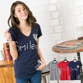 【衣心衣意中大尺碼】現貨MIT-微笑smile女孩圖印V領上衣(藍-紅-灰A1311)