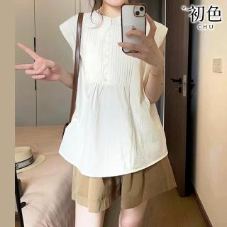 【初色】無袖氣質娃娃衫單排釦襯衫上衣 休閒素色短褲-共2款-69529(M-XL可選)