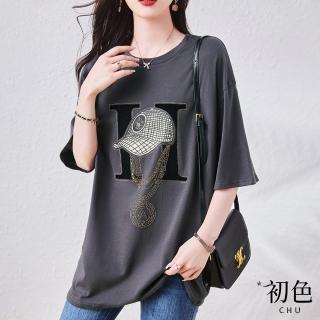 【初色】圓領中大碼字母印花燙鑽短袖T恤上衣女上衣-共2色-69376(L-2XL可選)