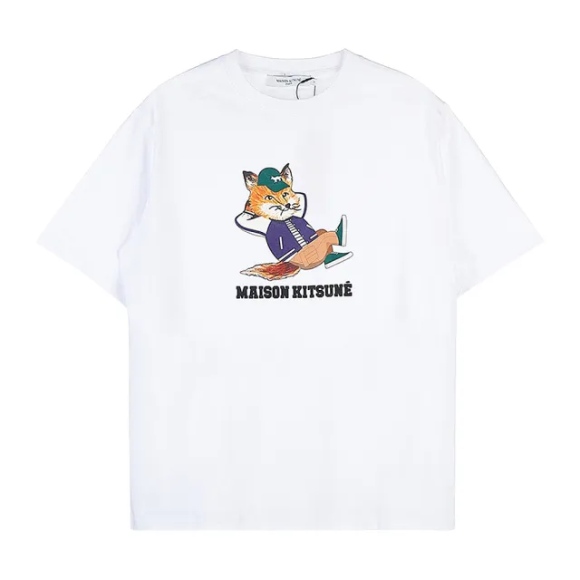 【Maison Kitsune】翹腳狐狸印花LOGO 白色 棉質 圓領 短袖 T-SHIRT(KW00108KJ0008P100XS)