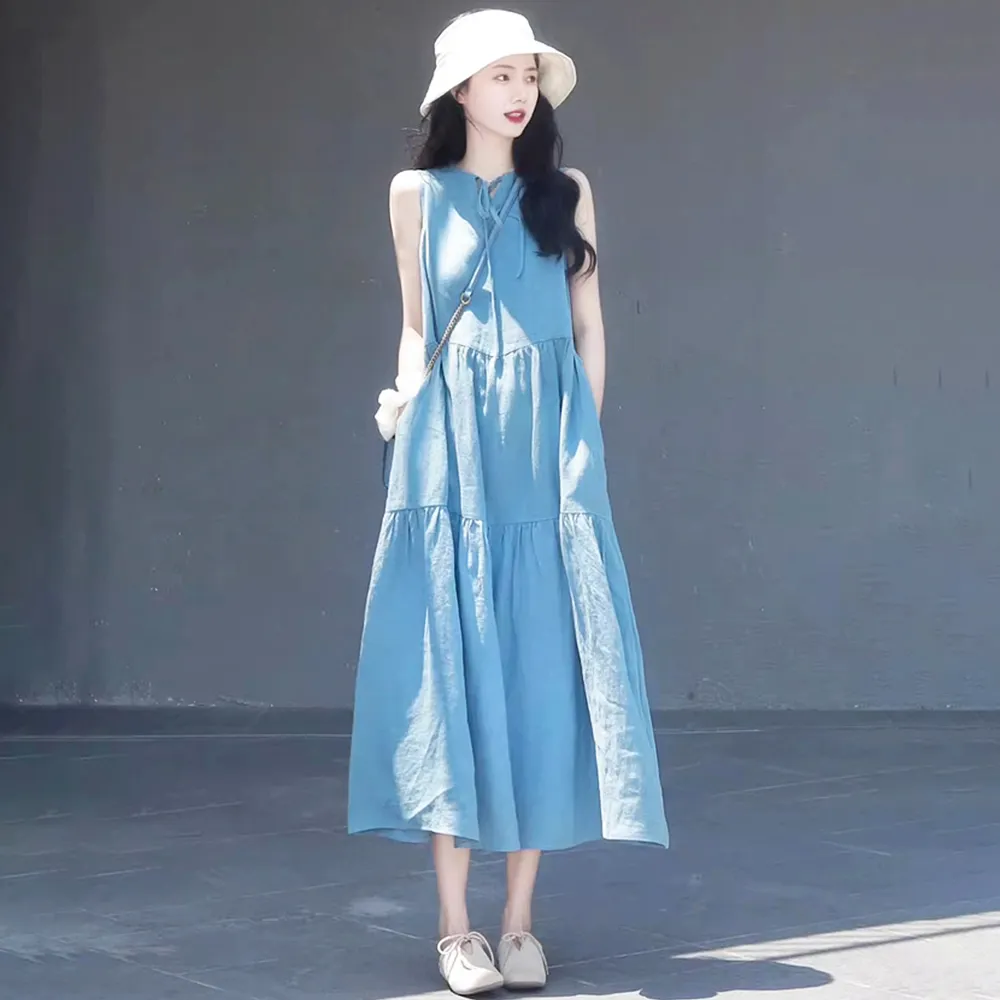 【初色】清涼感無袖綁帶背心蛋糕裙連身裙長版洋裝-藍色-69533(M/L可選)