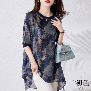 【初色】圓領寬鬆中大碼花卉印花短袖雪紡衫上衣-藍色-69372(L-2XL可選)