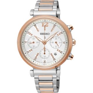 【SEIKO 精工】精工 LUKIA 太陽能三眼計時女錶-銀x雙色/36mm 母親節 禮物 送禮(V175-0DY0KS SSC844J1)
