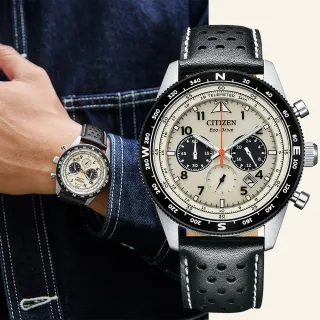 【CITIZEN 星辰】光動能航空三眼計時手錶-米X黑 女王節(CA4559-13A)