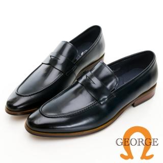 【GEORGE 喬治皮鞋】Amber系列 真皮拉絲便士木跟樂福鞋 -藍315013BR70
