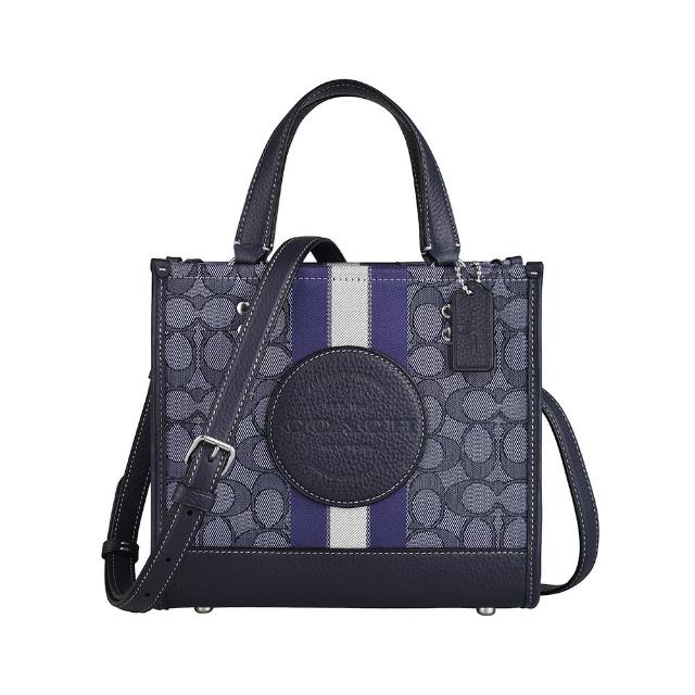 【COACH】COACH Dempsey Tote 22圓標LOGO緹花布直條紋設計磁釦式手提/斜背托特包(丹寧藍x午夜藍)