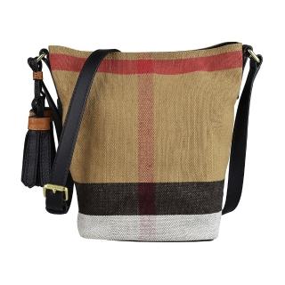 【BURBERRY 巴寶莉】BURBERRY The Ashby Canvas經典格紋帆布拼接牛皮磁釦式斜背水桶包(格紋/黑)