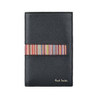 【Paul Smith】PAUL SMITH字母LOGO七彩直條牛皮6卡對折短夾(黑x多色)