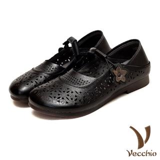【Vecchio】真皮娃娃鞋 兩穿娃娃鞋/全真皮頭層牛皮兩穿法設計縷空皮雕花朵一字繫帶娃娃鞋(黑)