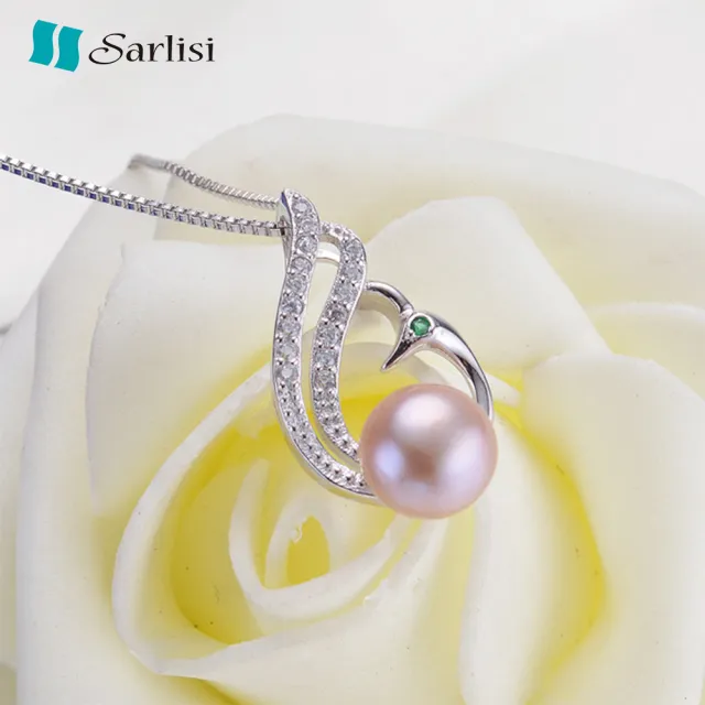 【Sarlisi】時尚孔雀款純銀晶鑽珍珠項鍊(白色、粉色、紫色)