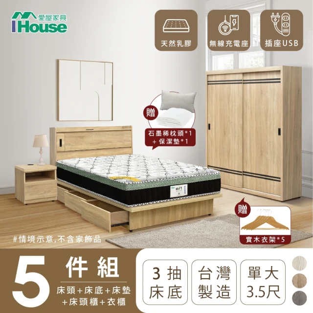 【IHouse】品田 房間5件組 單大3.5尺(床頭箱+收納抽屜底+床墊+床頭櫃+衣櫃)