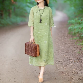 【ACheter】大碼時尚綠意印花國風斜襟立領苧麻感連身裙改良旗袍寬鬆洋裝#118286(綠)