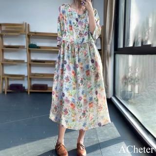 【ACheter】獨特別緻森林系棉麻感碎花連身裙短袖寬鬆長版洋裝#118373(花紋)