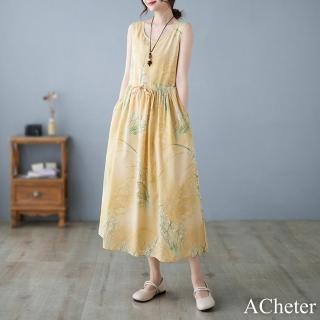 【ACheter】芒草綠黃圓領棉麻印花無袖背心連身裙涼爽長版洋裝#117729(黃)