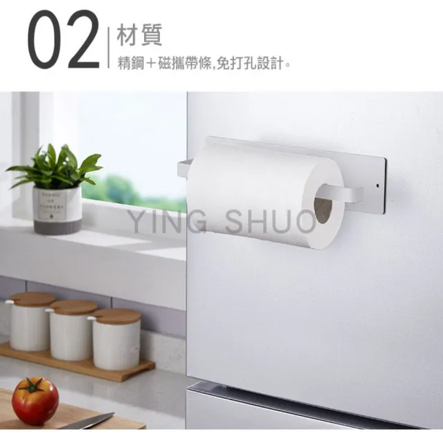 【YING SHUO】免釘 磁吸紙巾架 捲筒 衛生紙 白色(餐巾紙 廚房 清潔 磁鐵 收納架 餐廚置物架)