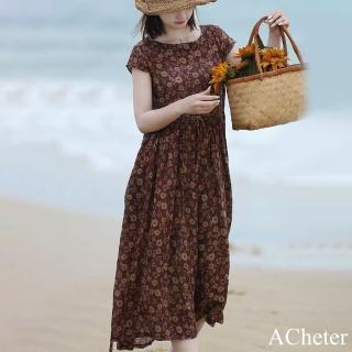 【ACheter】高階圓領連身裙棉麻感旅行度假薄款寬鬆印花短袖長版洋裝#118375(花紋)