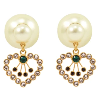 【Dior 迪奧】奢華風彩鑽愛心吊飾大小珠珠針式時尚耳環(金)