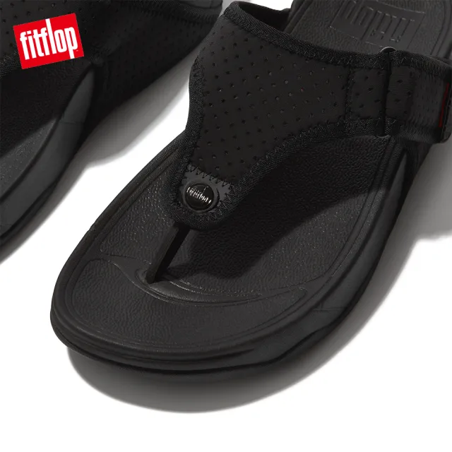 【FitFlop】TRAKK II WATER-RESISTANT NEOPRENE透氣淺水布夾腳涼鞋-男(黑色/霓虹橙)