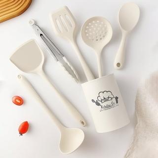 【SUNORO】北歐奶油風矽膠廚具7件套組(鍋鏟/湯杓/濾杓/漏鏟/飯勺/食物夾/收納桶)