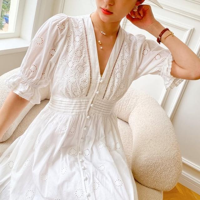 【巴黎精品】現貨+預購 洋裝短袖連身裙(春夏修身刺繡V領女裙子a1cc6)