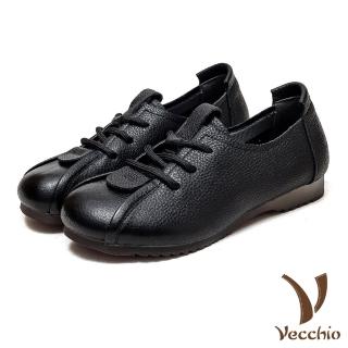 【Vecchio】真皮休閒鞋 平底休閒鞋/全真皮頭層牛皮舒適寬楦復古繫帶平底休閒鞋(黑)