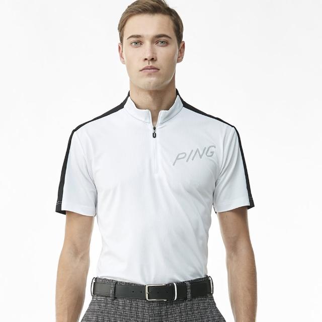 【PING】男款LOGO素面立領運動短袖POLO衫-白(吸濕排汗/抗UV/GOLF/高爾夫球衫/PA23128-87)