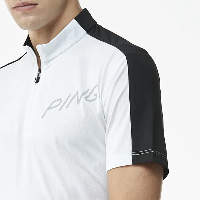 【PING】男款LOGO素面立領運動短袖POLO衫-白(吸濕排汗/抗UV/GOLF/高爾夫球衫/PA23128-87)