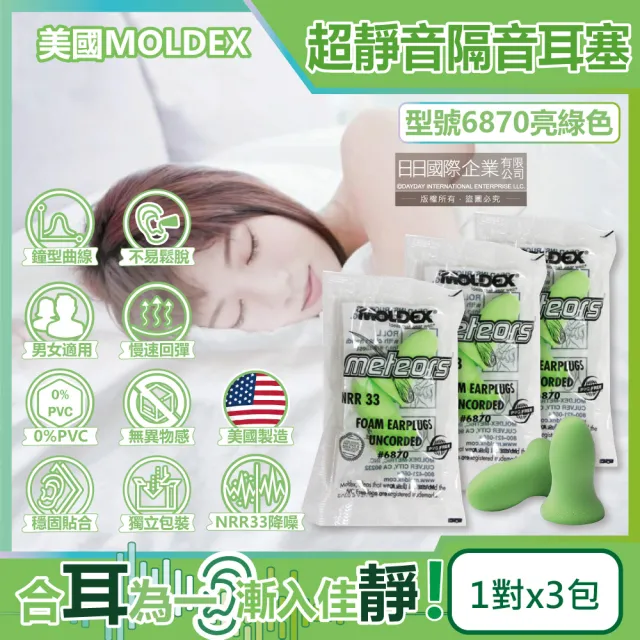 【日日好物】美國MOLDEX鐘型曲線PU慢回彈超靜音耳塞-型號6870亮綠色1對/包3包6個超值組(降噪露營耳道