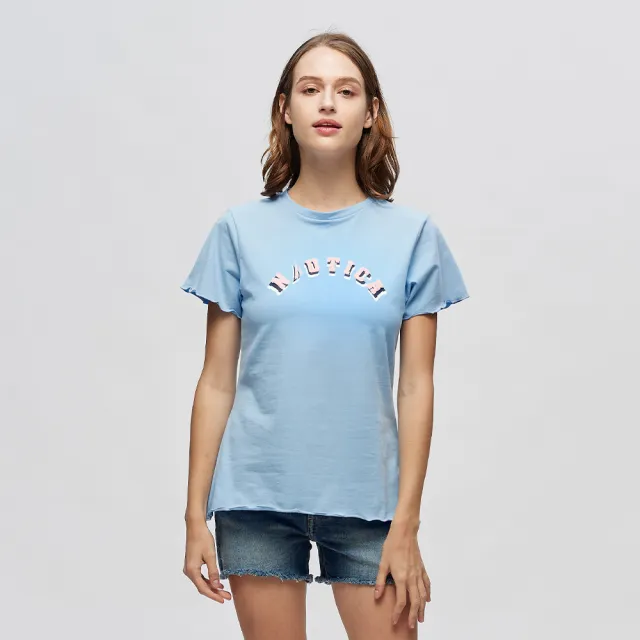 【NAUTICA】女裝 修身花邊短袖T恤(淡藍)