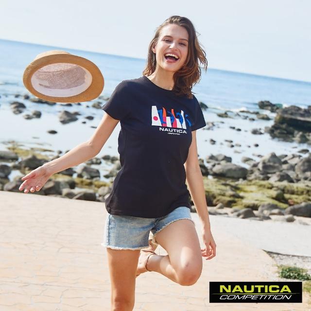 【NAUTICA】COMPETITION  女裝 修身繽紛圖騰短袖T恤(黑)