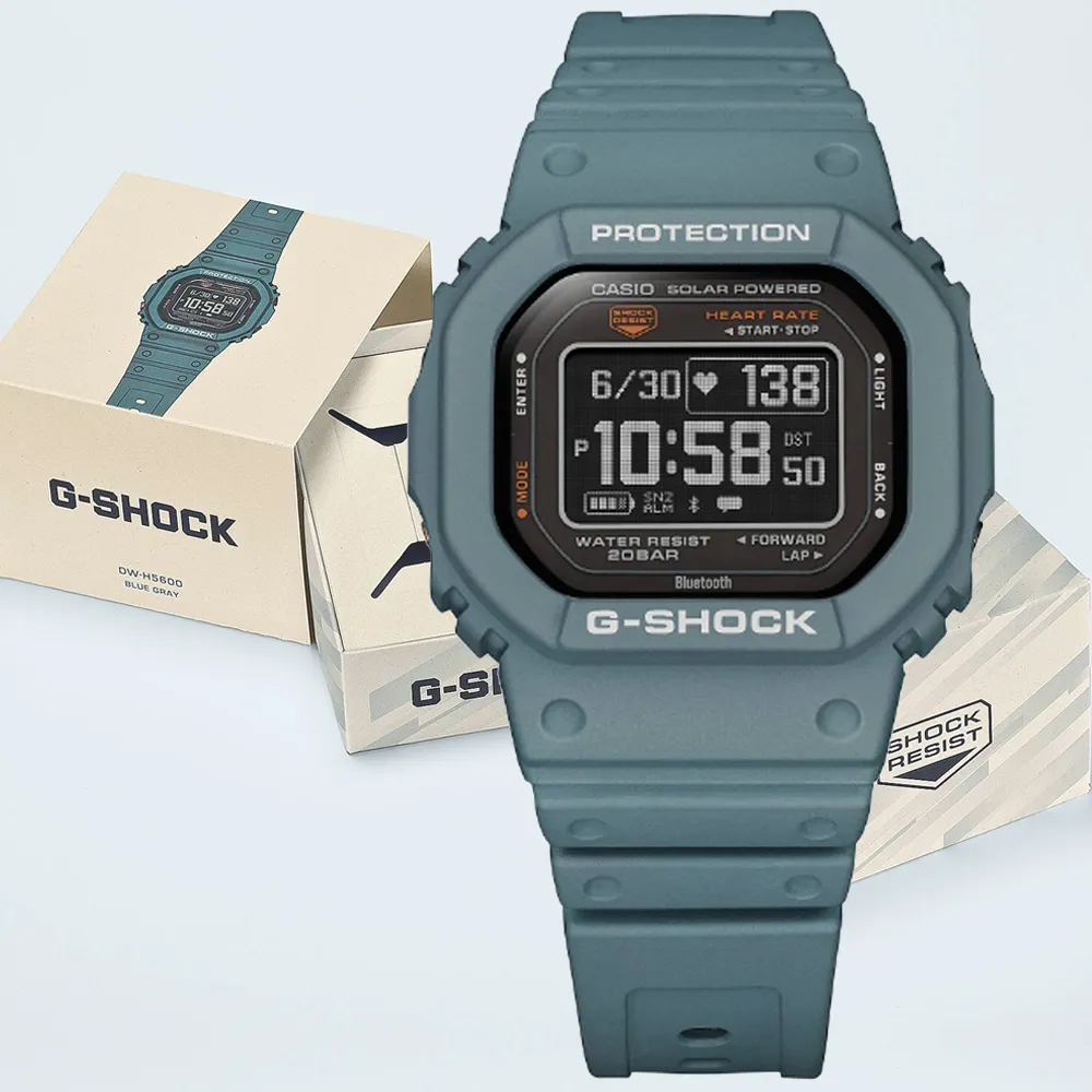 【CASIO 卡西歐】G-SHOCK G-SQUAD 太陽能智慧藍芽 心率監測 多功能方形運動錶-灰藍(DW-H5600-2)