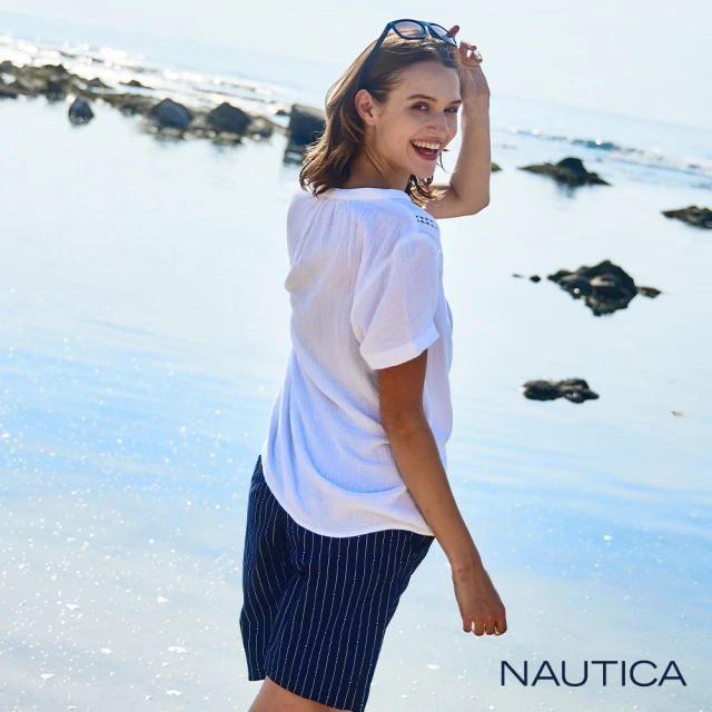 NAUTICA 女裝 舒適休閒條紋短褲(深藍)