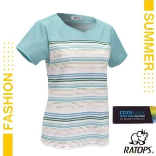 【RATOPS】女 COOLMAX 輕量透氣短袖條紋印花衫-雞心領.運動休閒衫.防曬衣(DB1760 湖綠色/藍色/綠色)