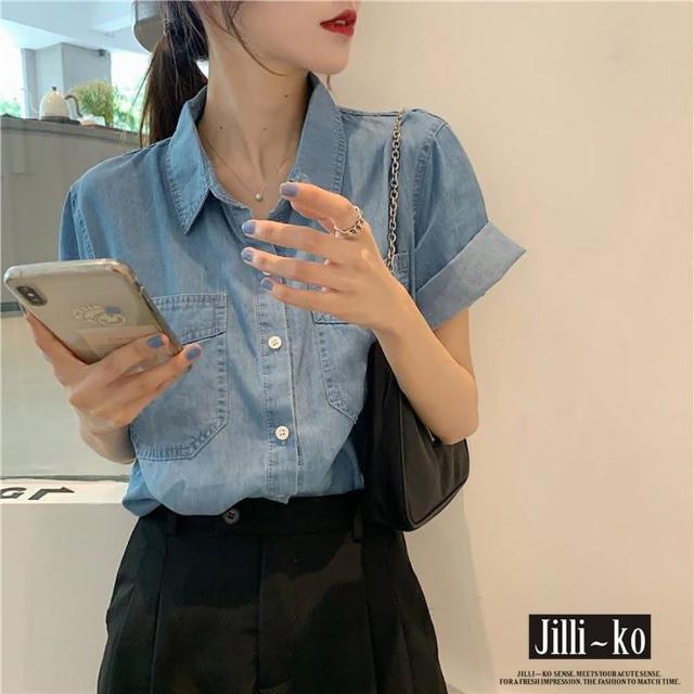 【JILLI-KO】Polo領中長款寬鬆氣質口袋牛仔襯衫-F(藍)