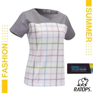 【RATOPS】女 COOLMAX 輕量透氣短袖格紋印花衫-雞心領.運動休閒衫.防曬衣(DB1764 灰色/粉色/藍色/綠色)