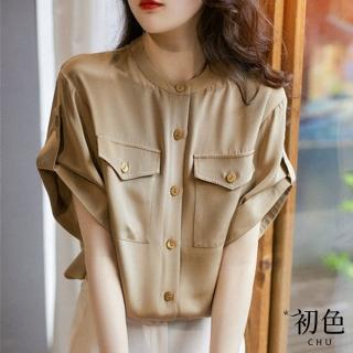 【初色】工裝風休閒立領大口袋短袖襯衫上衣-卡其色-61528(M-2XL可選)