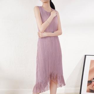 【米蘭精品】現貨+預購 三宅風皺褶衣服洋裝褶皺長裙無袖連身裙摺衣彈力顯瘦折衣大碼(流蘇背心裙3色74fe11)