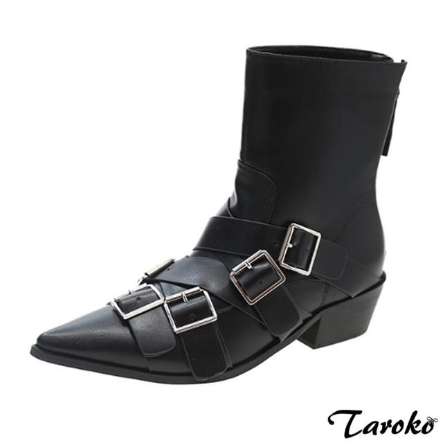 【Taroko】潮流登場扣☆尖頭低跟短筒靴(黑色)