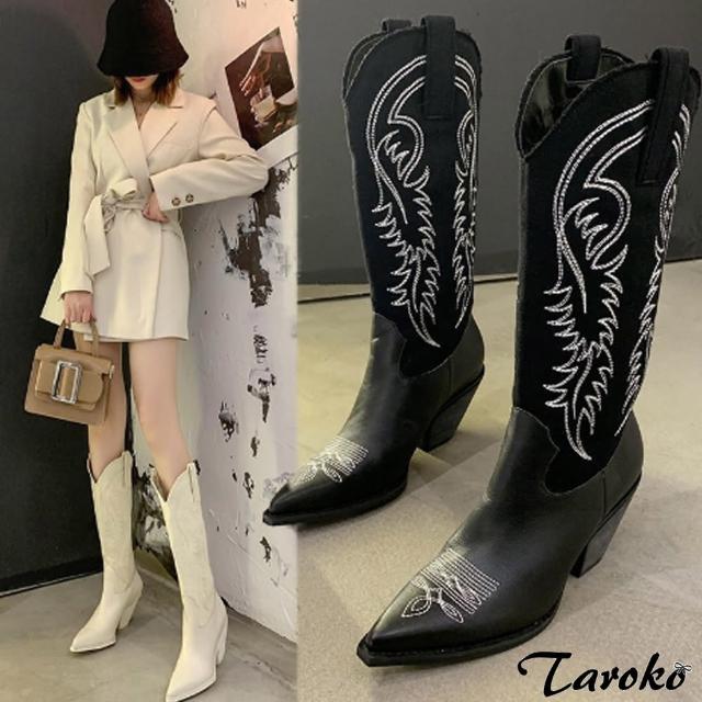 【Taroko】彰顯個性V口刺繡尖頭低跟中筒靴(2色可選)
