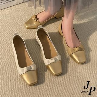 【JP Queen New York】金屬光澤撞色蝴蝶結方頭粗跟鞋(2色可選)