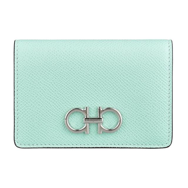 【Salvatore Ferragamo】SALVATORE FERRAGAMO GANCINI銀字LOGO防刮牛皮2卡釦式卡片夾(冰川藍)
