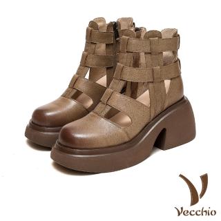 【Vecchio】真皮短靴 厚底短靴/全真皮頭層牛皮復古擦色縷空線條厚底粗跟時尚羅馬短靴(卡其)