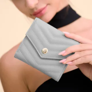 【2R 手工真皮】Classic魚子醬牛皮三折斜紋設計短夾 輕奢灰(皮夾)