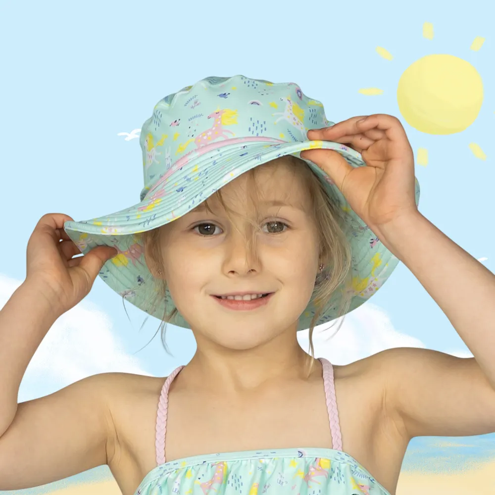 【Playshoes】嬰兒童抗UV防曬水陸兩用漁夫帽-獨角獸(護頸遮脖遮陽帽泳帽)