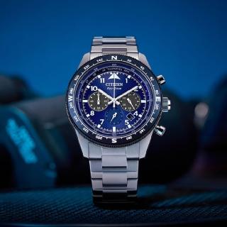 【CITIZEN 星辰】Chronograph 潮流自信光動能三眼競速計時男錶-藍x銀/43mm 母親節限定(CA4554-84L)